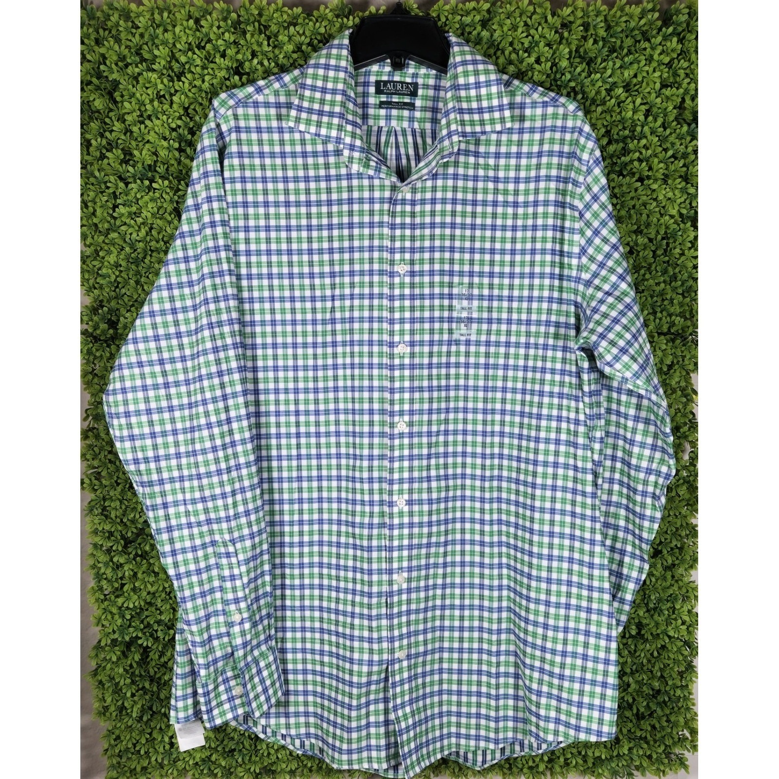 Lauren Ralph Lauren Mens Xl Tall Fit Performance Stretch Plaid Shirt Green Blue